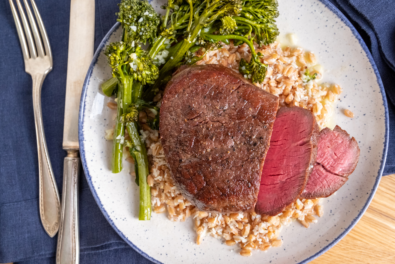 Seared Filet Mignon with Farro and Garlicky Broccoli Rabe