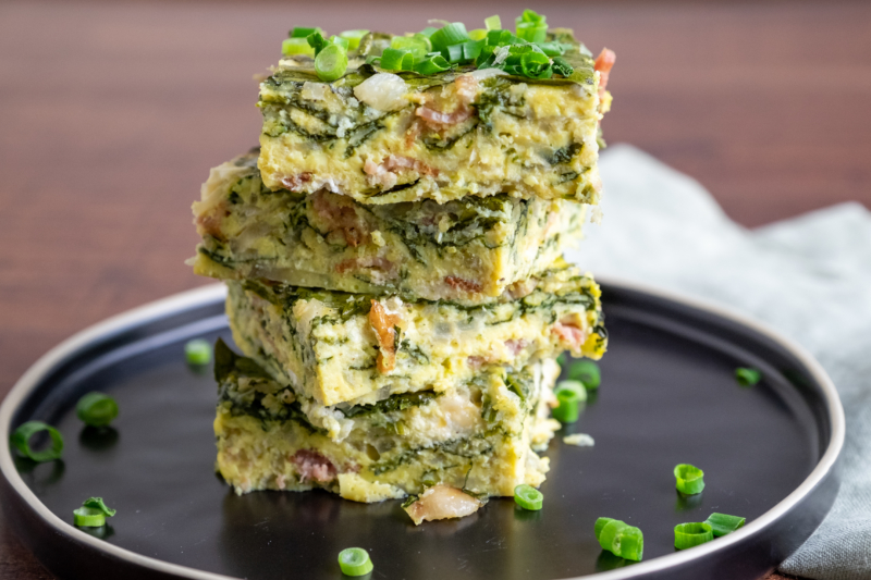 Goat Cheese, Shallot, Bacon, Spinach Frittata Recette Magazine