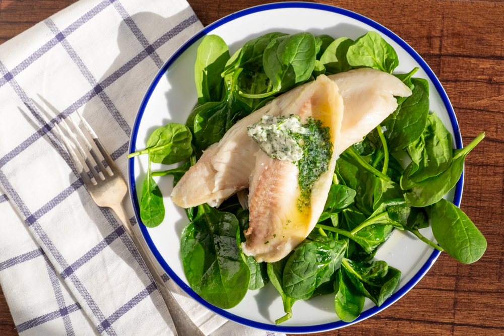 White Fish with Herb Butter over Spinach – Recette Magazine