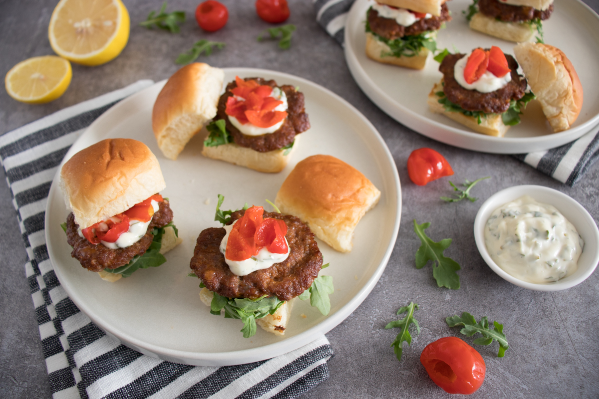 Lamb Sausage Sliders with Garlic-Mint Aioli