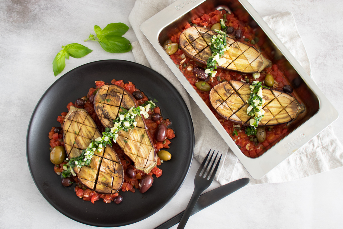 Provençal Split Roasted Eggplant with Chunky Pistou