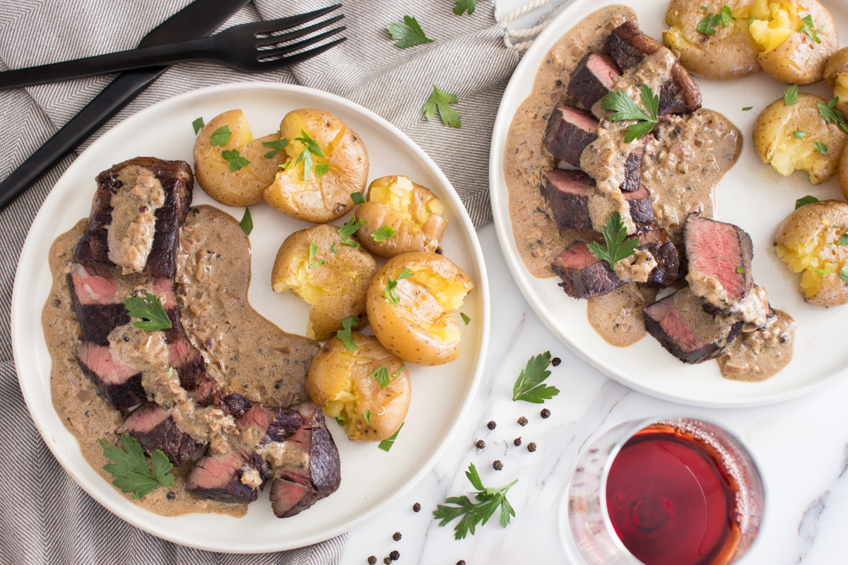 Steak au Poivre with Smashed Potatoes