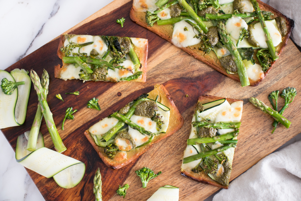 Chickpea Pizza with Green Vegetables and Fresh Mozzarella