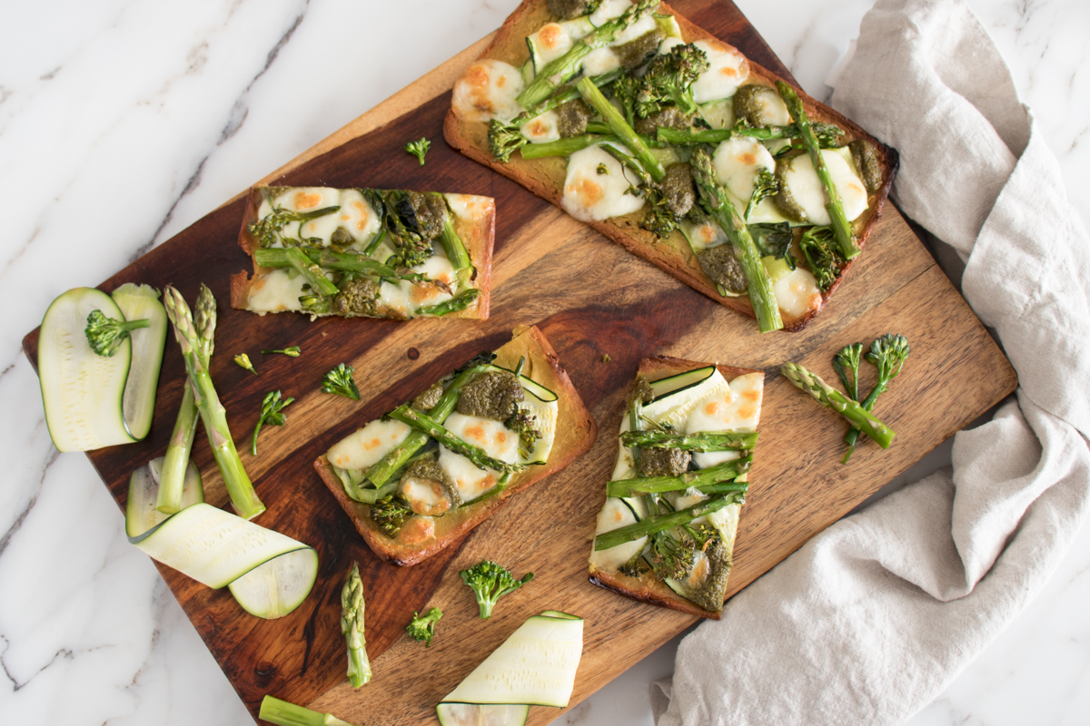 Chickpea Pizza with Green Vegetables and Fresh Mozzarella