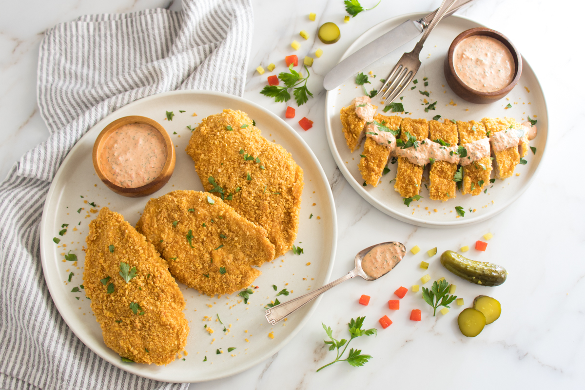 Cornflake Chicken Cutlets with Roasted Red Pepper Ranch