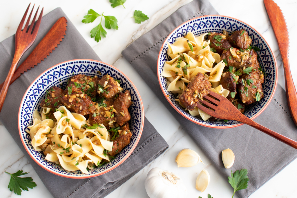 Garlic Steak Tips with Egg Noodles