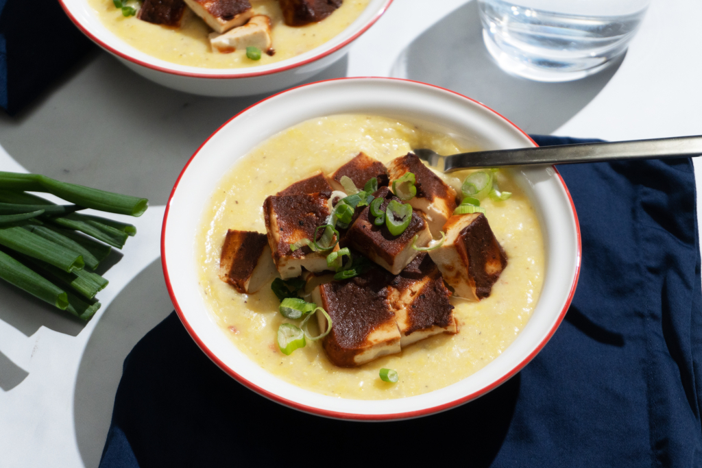 BBQ Tofu with Cheesy Pepper Jack Grits