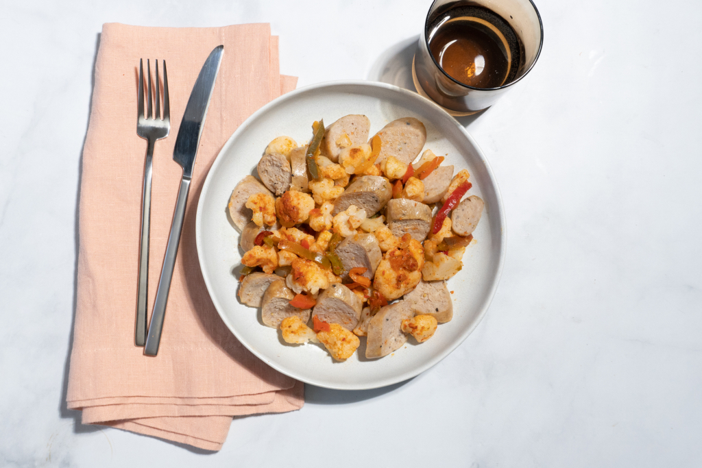 Harissa Roasted Vegetables with Chicken Sausages