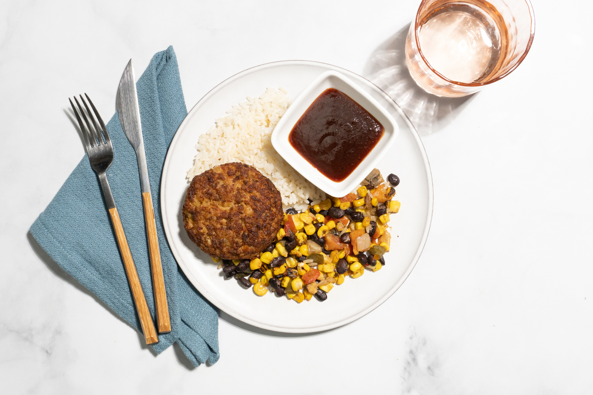 Meal Card BBQ Crab Cakes with Southwest Vegetables and White Rice