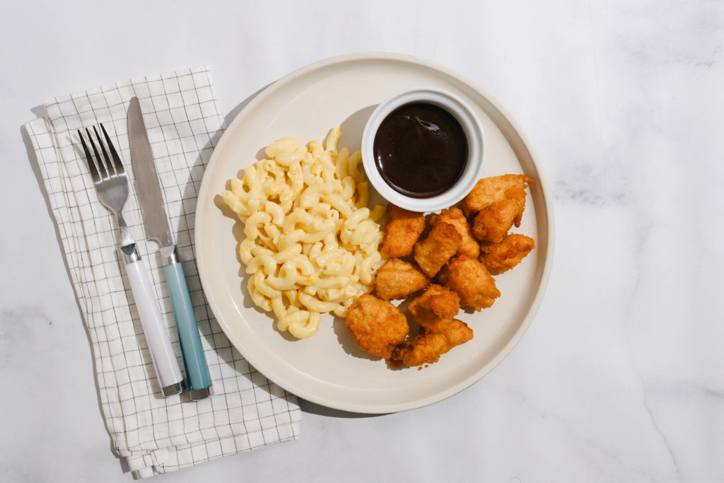 BBQ Chicken Nuggets with Mac and Cheese