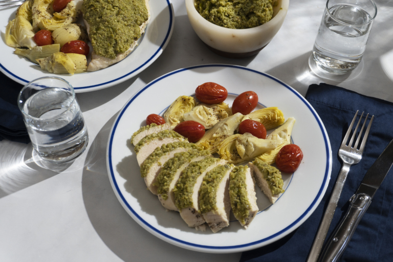 Green Olive Tapenade Chicken with Roast Vegetables Recette Magazine