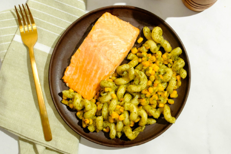 Pesto Cavatappi and Salmon with Grilled Corn