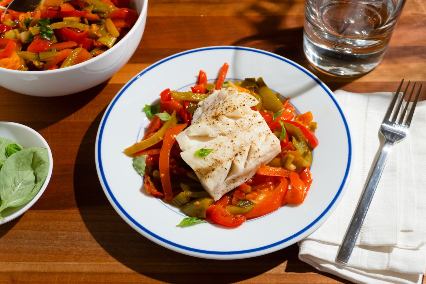 Roasted Peperonata Cod with Basil