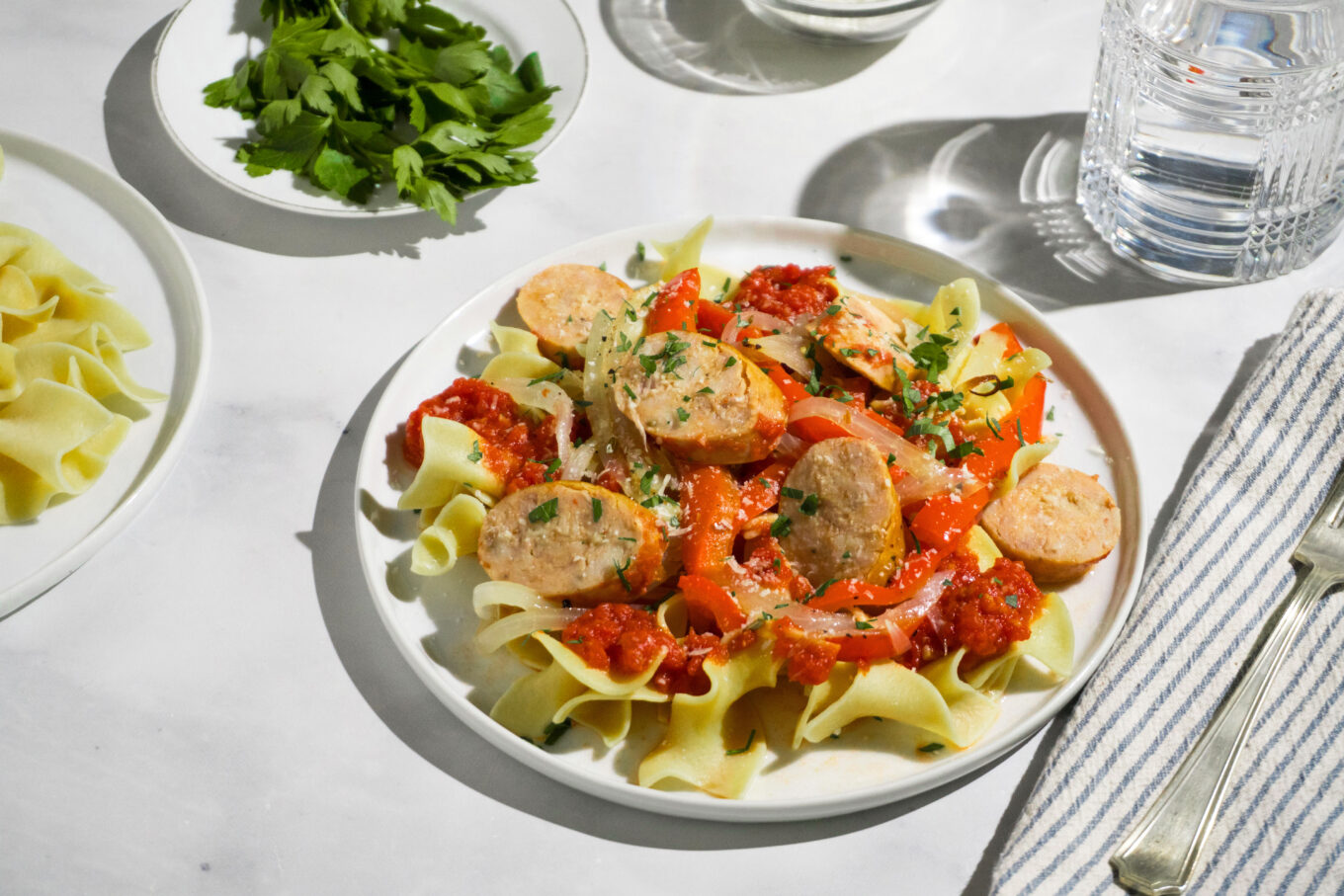 Sausage Cacciatore Over Egg Noodles