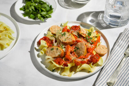 Sausage Cacciatore Over Egg Noodles