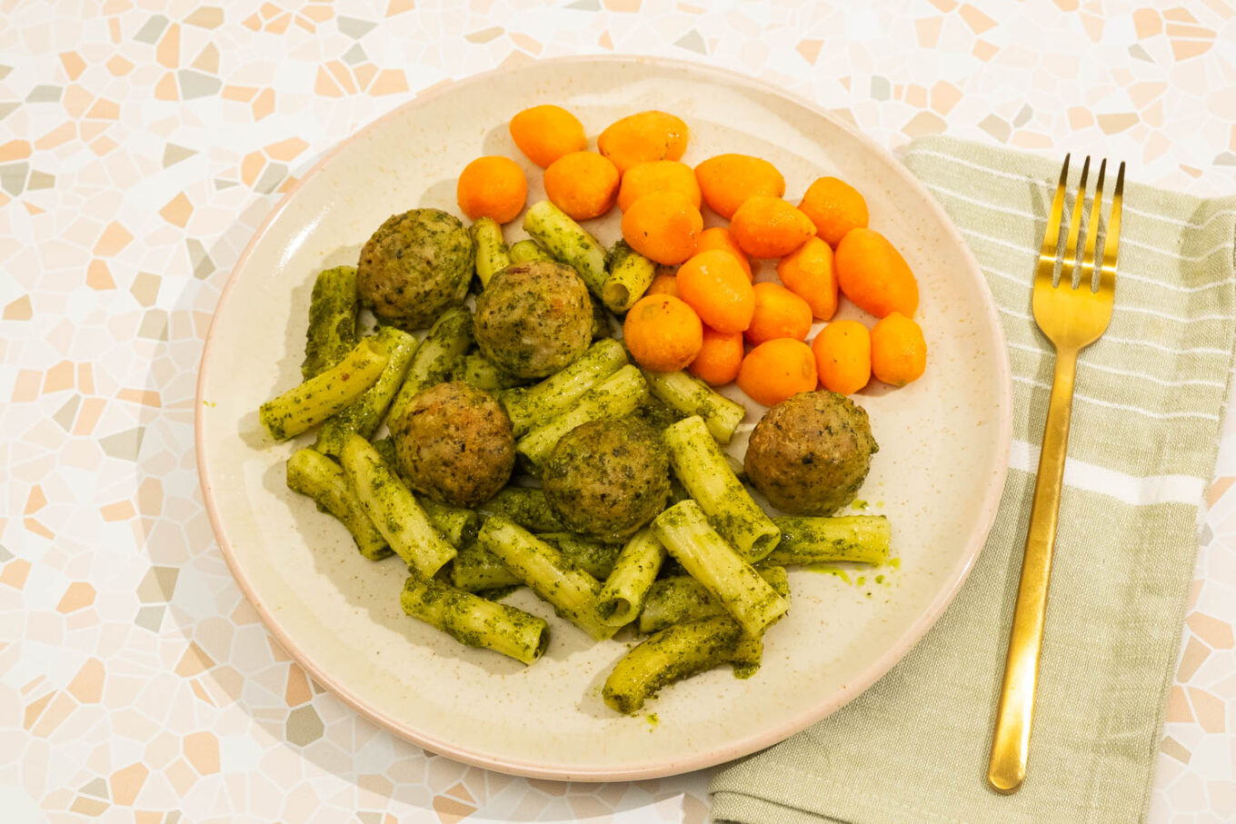 Pesto Chicken Meatball Rigatoni Bake